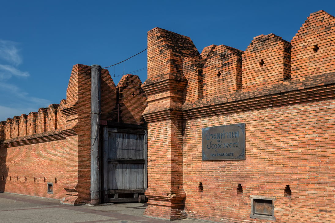 Tha Phae Gate Chiang Mai old city ancient wall and moat in Chiang Mai Northern Thailand.